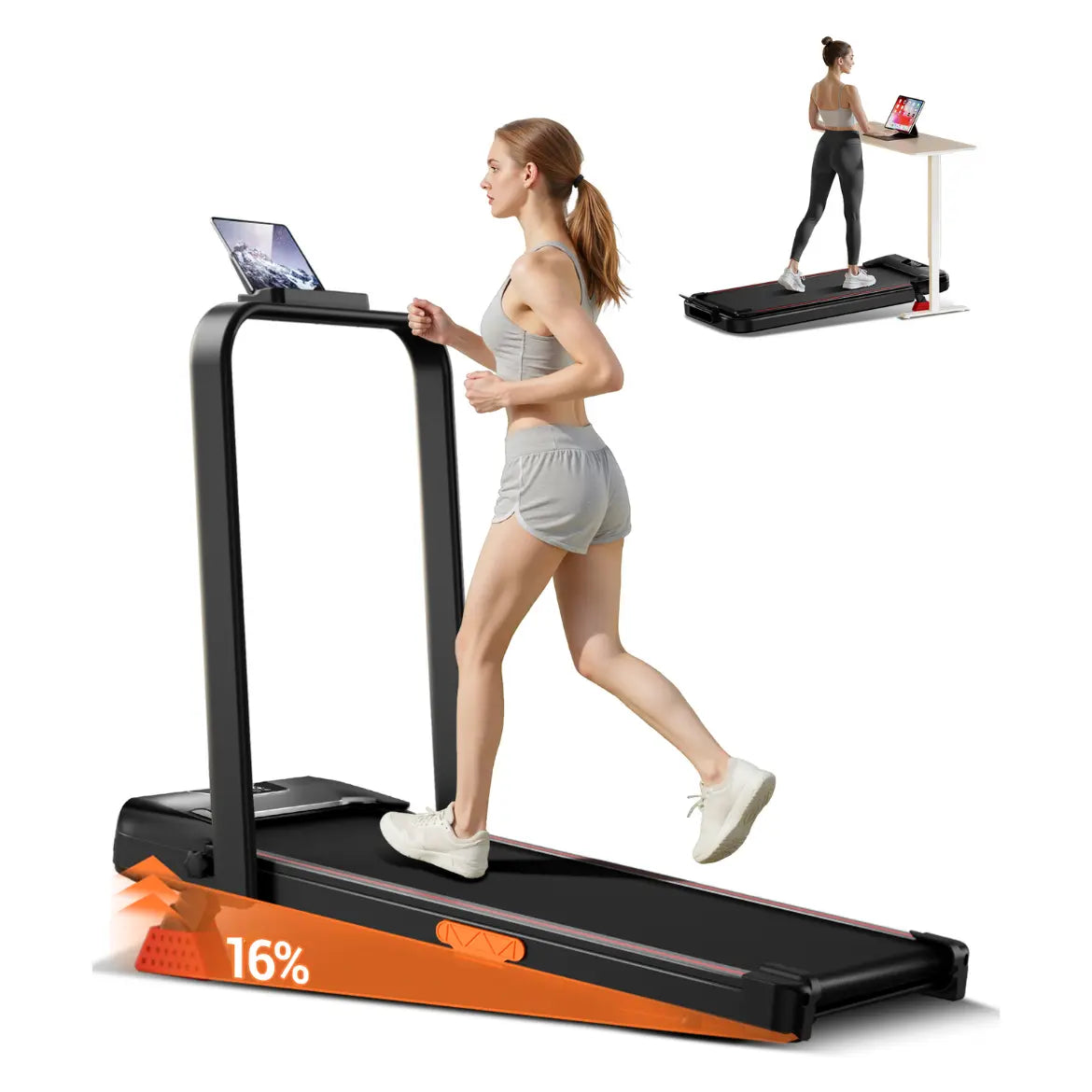 Shape Body Easily! Folding Walking Treadmill with Handrails, 16% Incline 300Lbs Capacity Indoor Fitness Machine for Home Office